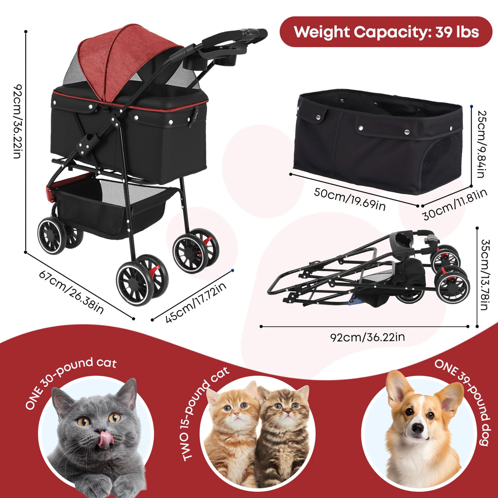 Pet Stroller For Small Medium Cats&Dogs 3 Wheels Foldable with Breathable Mesh Canopy Pet Travel Carrier Suitable Outdoor Travel