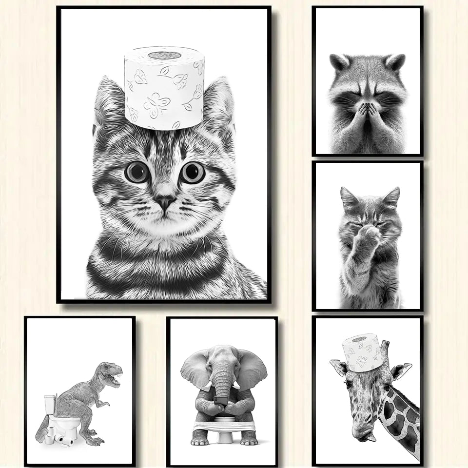 Cat Giraffe Dog Elephant Toilet Paper Bathtub Funny Bathroom Poster Print Canvas Painting Wall Art Shower Room Home De